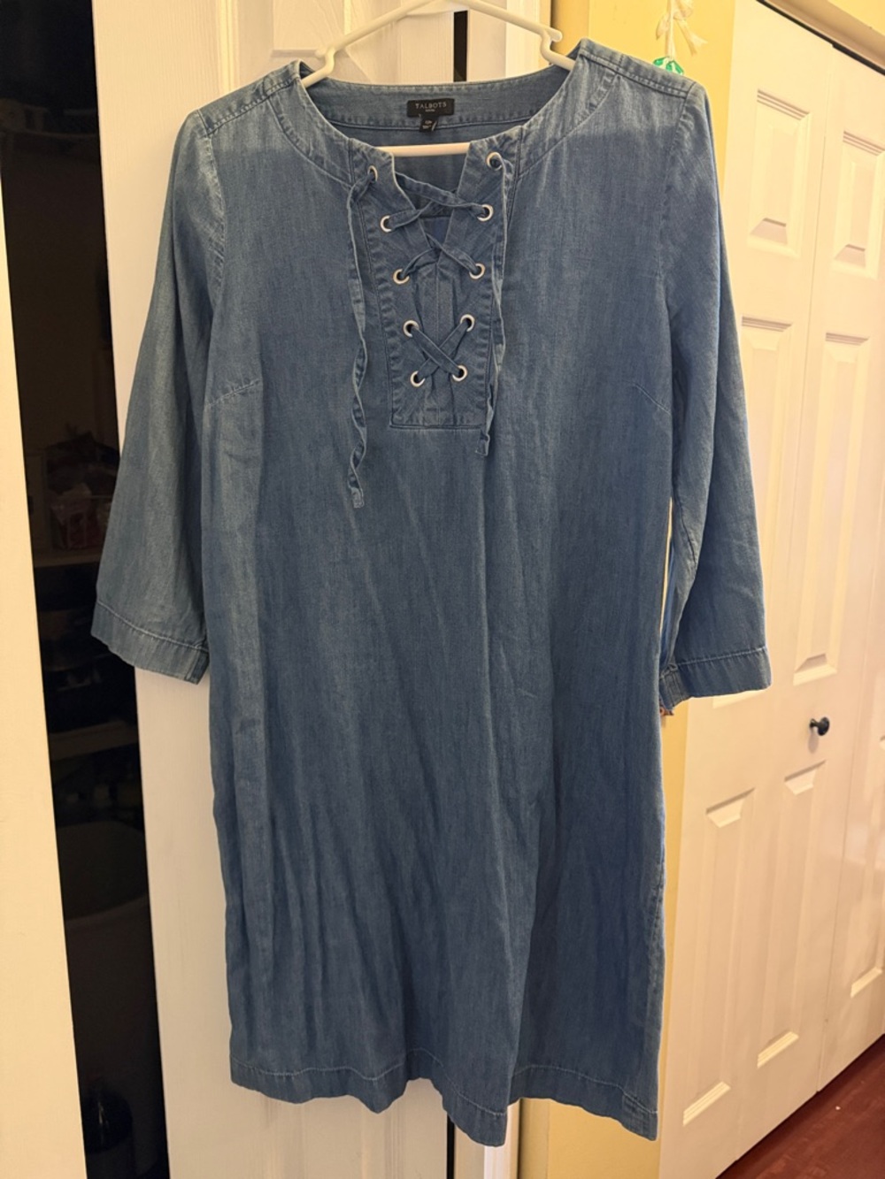 Talbots Light Blue Lace-Up Denim Shift Dress